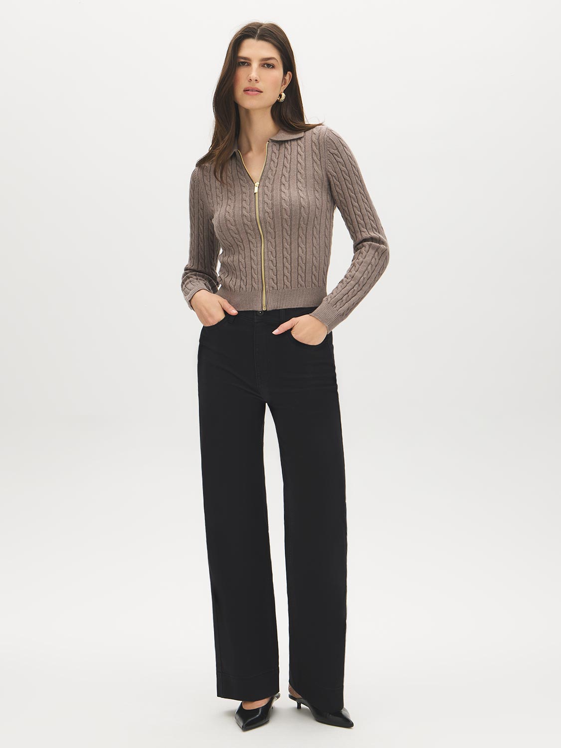 Brown Melange Cable Stitch Zip-Front Sweater - Front View - Suzy Shier