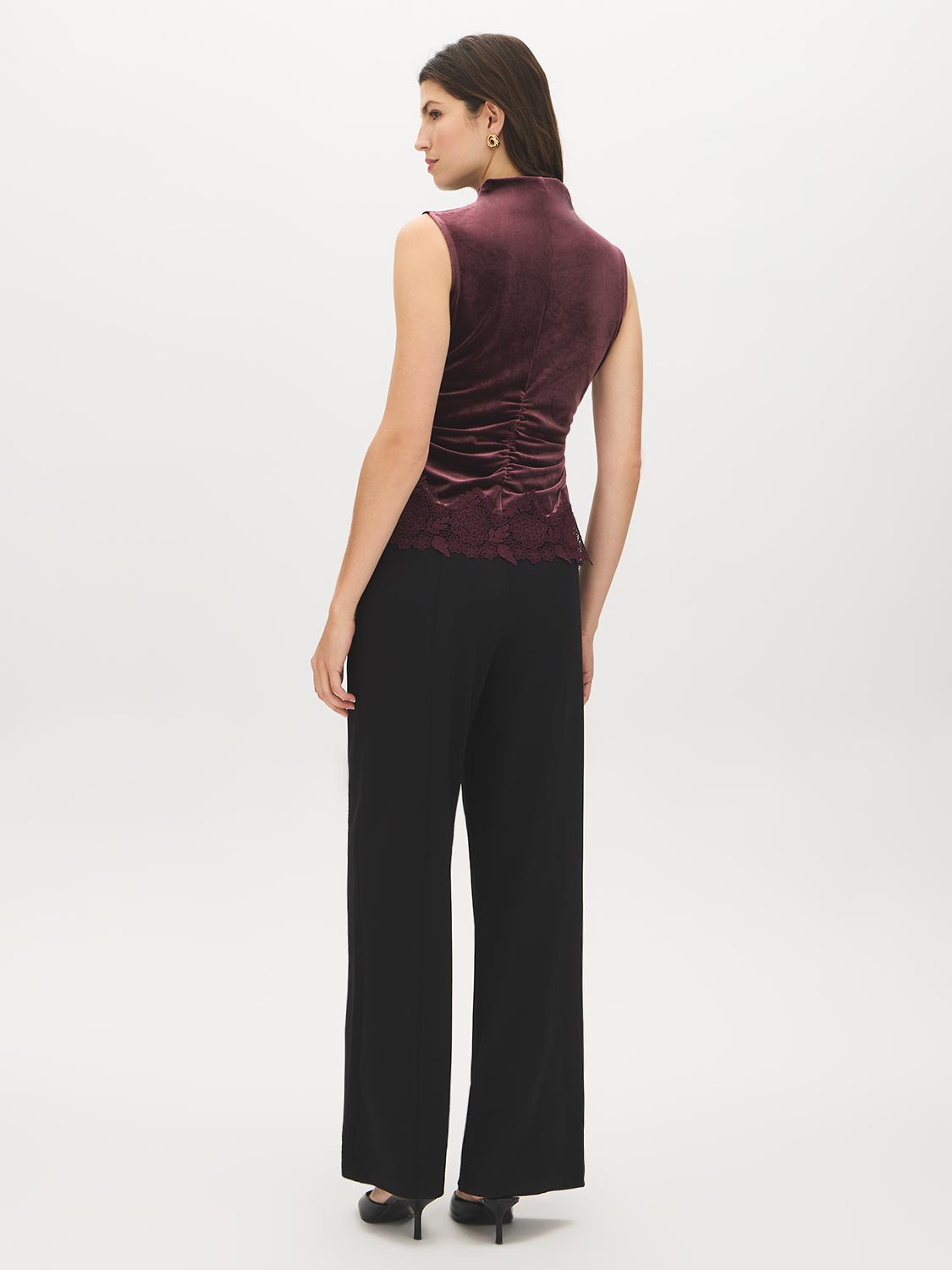 Dark Raisin Velvet Funnel Neck Top with Crochet Hem - Back View - Suzy Shier