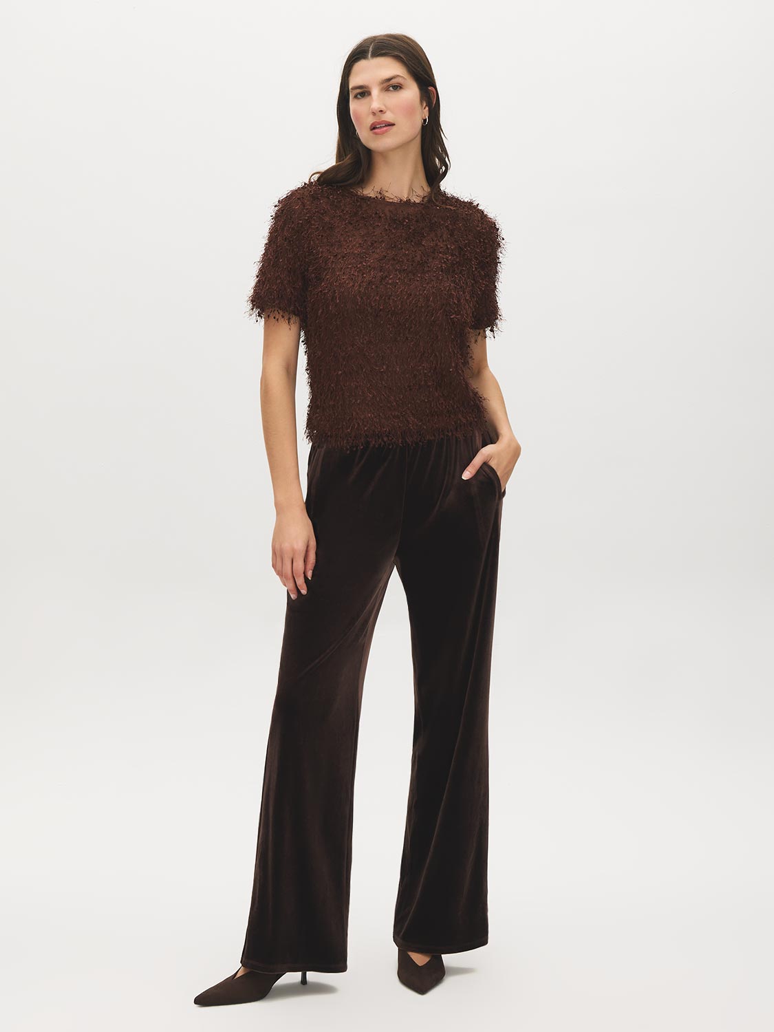 Milk Chocolate Fuzzy Knit Crew Neck Top - Front View - Suzy Shier