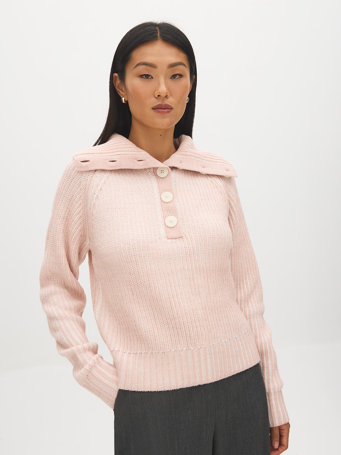 Uni Pink Mix Ribbed Shaker Stitch Sweater - Woman Wearing Collared Knit Sweater - Suzy Shier