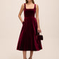 Burgundy Square Neck Velour Fit & Flare Cocktail Dress - Woman Wearing Sleeveless Evening Dress - Le Chateau