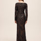 Black/Nude Leaf Pattern Sequin V-Neck Gown - Back View - Le Chateau