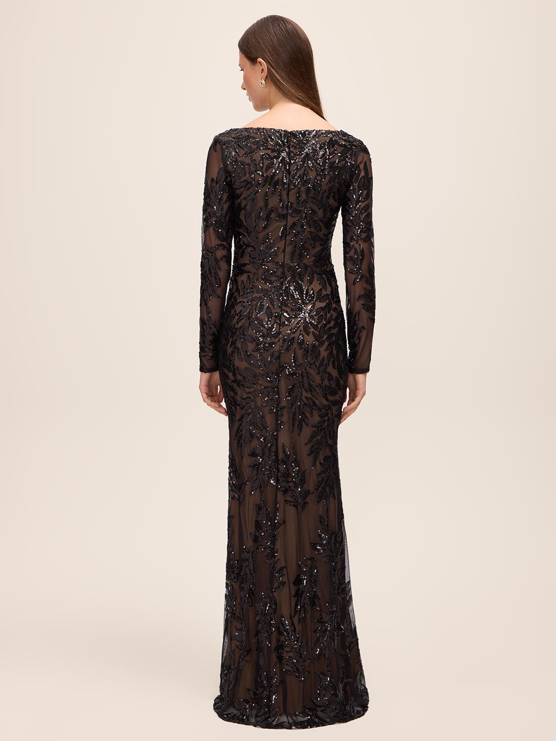 Black/Nude Leaf Pattern Sequin V-Neck Gown - Back View - Le Chateau