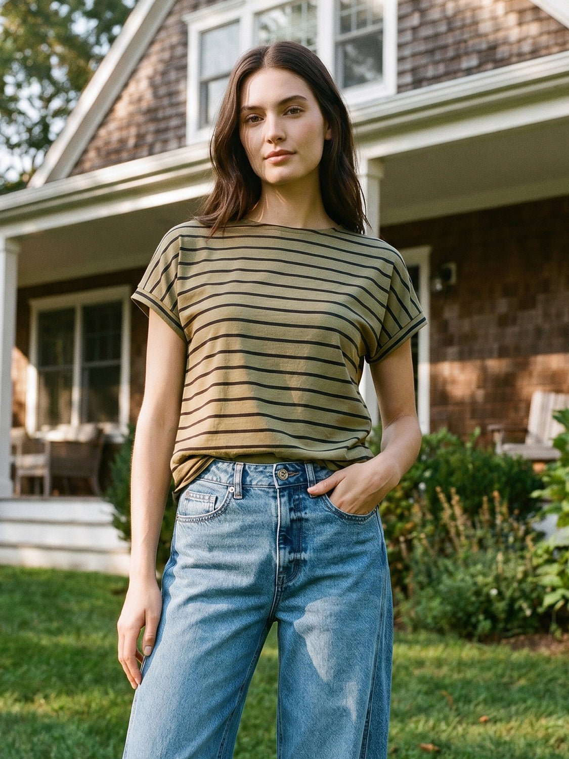Striped Melange Cuffed Sleeve Tee - Suzy Shier
