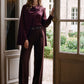 Eggplant Belted Pleated Wide-Leg Pant - Woman Wearing High-Waisted Trousers - Le Chateau
