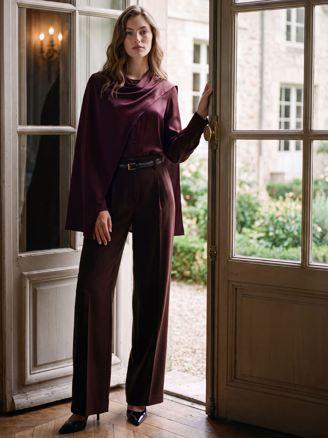 Eggplant Belted Pleated Wide-Leg Pant - Woman Wearing High-Waisted Trousers - Le Chateau