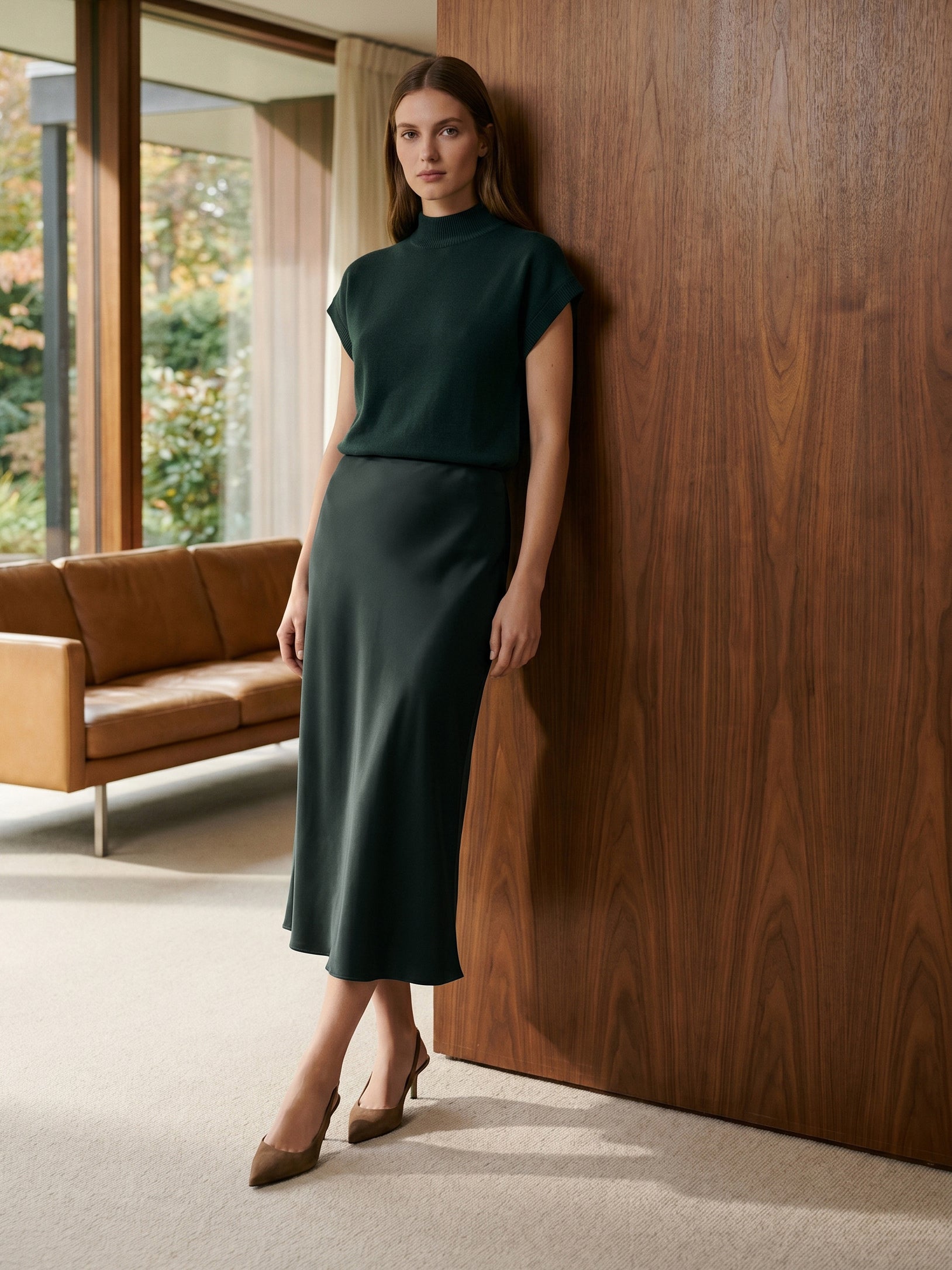 Scarab Satin Bias Cut Pull-On Skirt - Woman Wearing Midi-Length Satin Skirt - Suzy Shier
