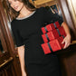 Black Sequined Boat Neck Mini Dress with Puff Sleeves - Woman Wearing Elegant Party Dress - Suzy Shier