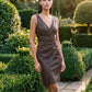 Espresso Crossover Pleated Faux Leather Dress - Woman Wearing Asymmetric Wrap Dress - Le Chateau