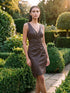 Espresso Crossover Pleated Faux Leather Dress - Woman Wearing Asymmetric Wrap Dress - Le Chateau