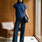 Estate Blue Melange Mock Neck Top - Woman Wearing Soft Knit Top - Suzy Shier