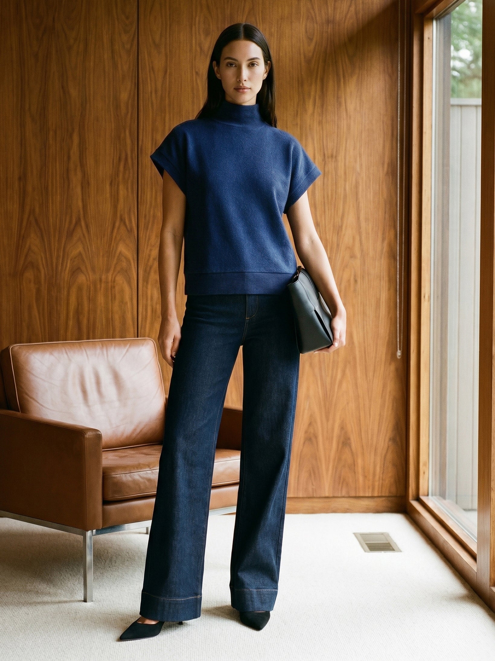 Estate Blue Melange Mock Neck Top - Woman Wearing Soft Knit Top - Suzy Shier