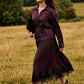 Winetasting Pleated Satin-Like Skirt with Lace Hem - Woman Wearing Pull-On Midi Skirt - Suzy Shier