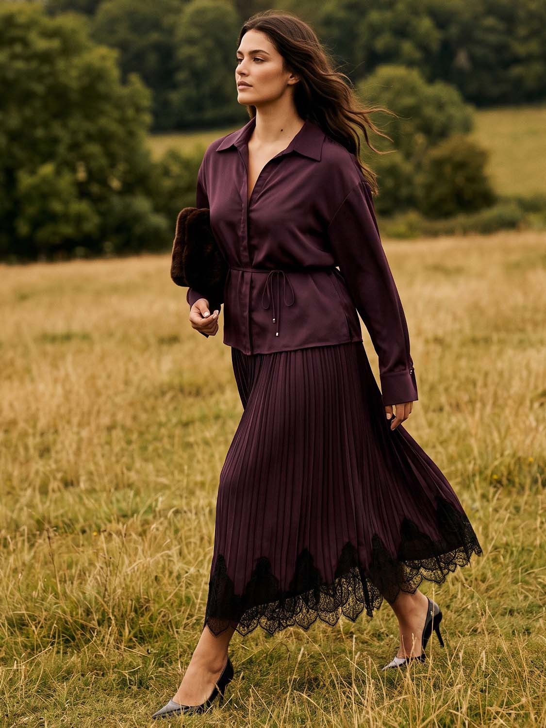 Winetasting Pleated Satin-Like Skirt with Lace Hem - Woman Wearing Pull-On Midi Skirt - Suzy Shier