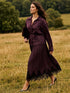 Winetasting Pleated Satin-Like Skirt with Lace Hem - Woman Wearing Pull-On Midi Skirt - Suzy Shier