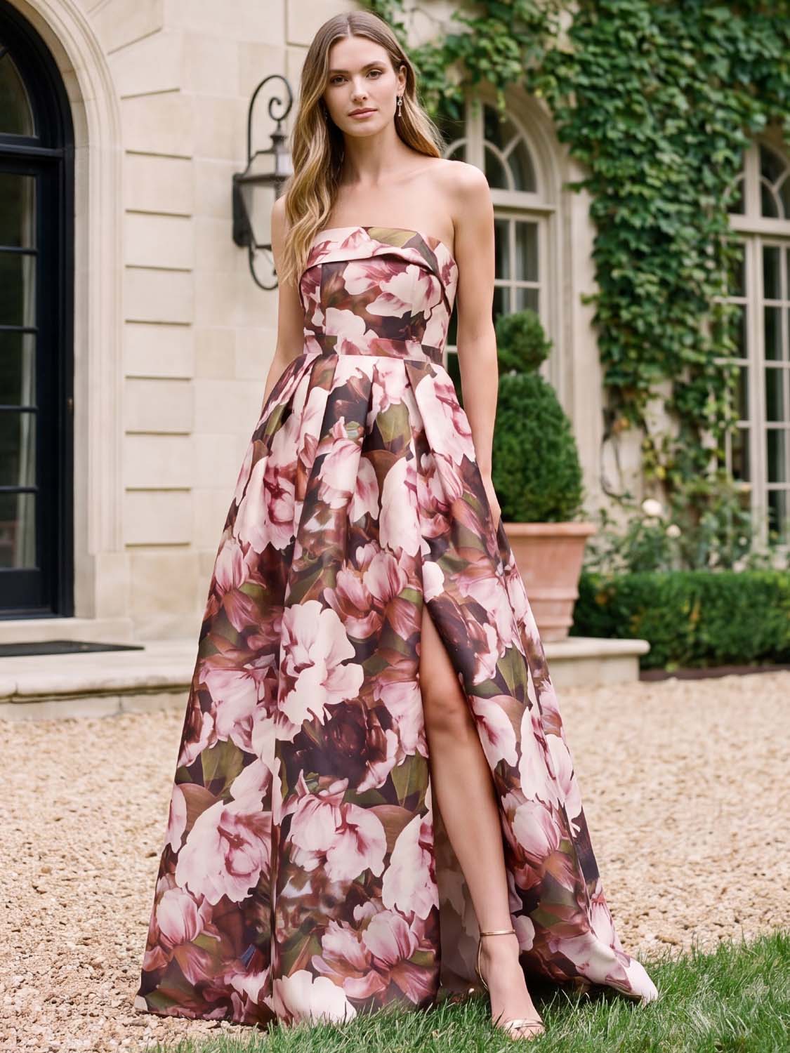 Black Cherry and Mauve Strapless Floral Print Ballgown - Woman Wearing Elegant Evening Dress - Le Chateau