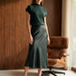 Scarab Satin Bias Cut Pull-On Skirt - Woman Wearing Midi-Length Satin Skirt - Suzy Shier