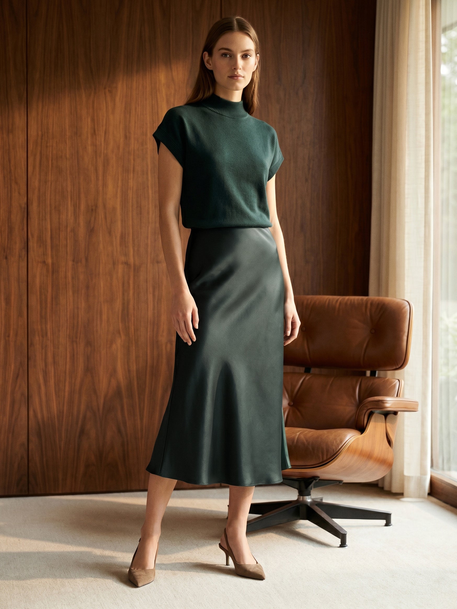 Scarab Satin Bias Cut Pull-On Skirt - Woman Wearing Midi-Length Satin Skirt - Suzy Shier