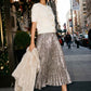 Gold and Silver Metallic Pleated Sequin Skirt - Woman Wearing Shimmering Full Skirt - Suzy Shier