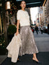 Gold and Silver Metallic Pleated Sequin Skirt - Woman Wearing Shimmering Full Skirt - Suzy Shier