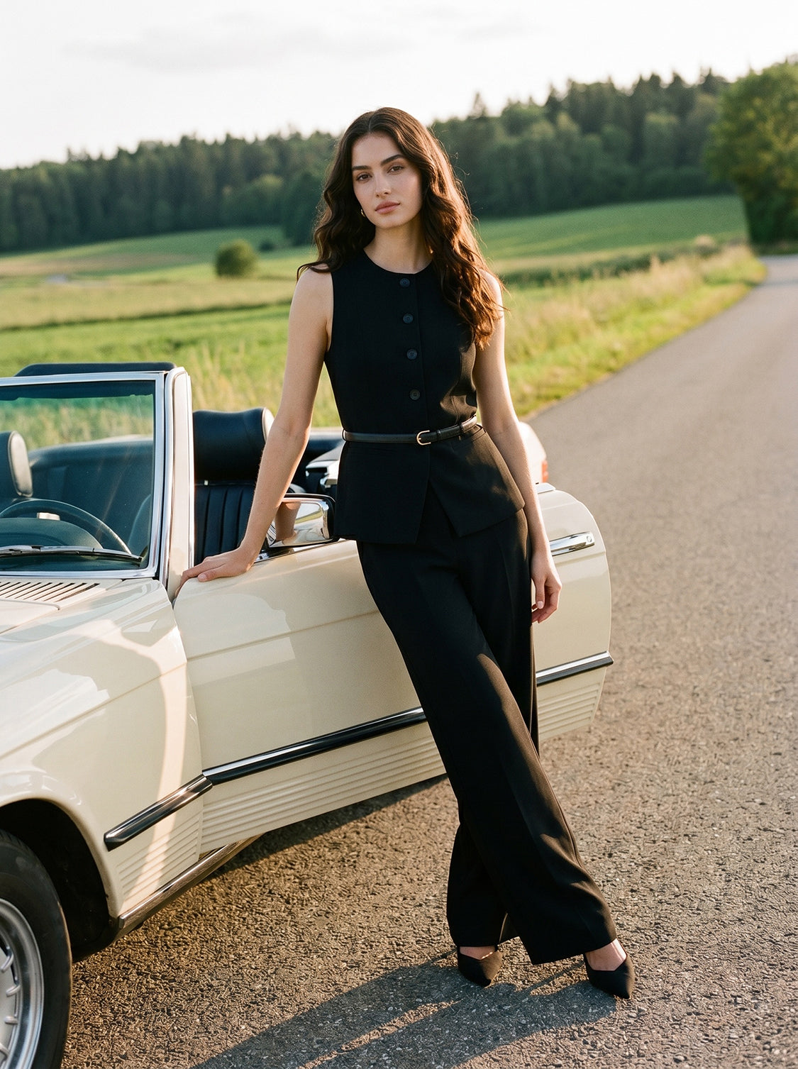 Black Button-Front Belted Knit Vest - Woman Wearing Sleeveless Vest - Suzy Shier