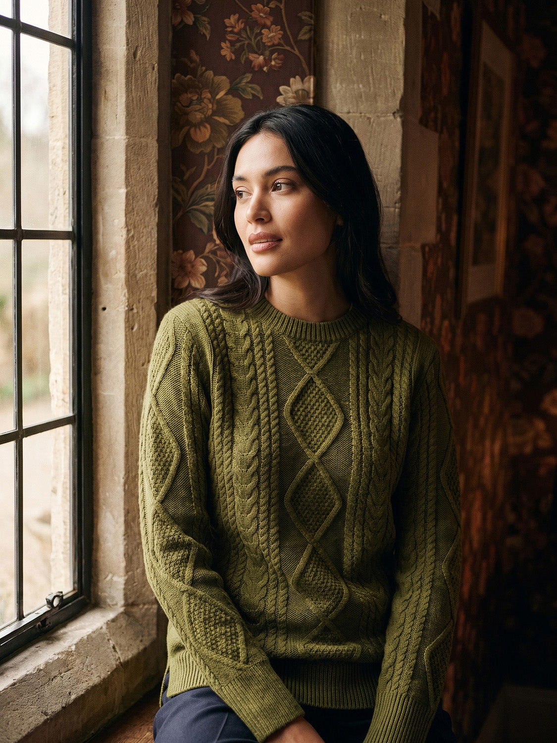 Pistachio Melange Cable Knit Crew Neck Sweater - Front View - Suzy Shier