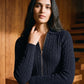 Inkwell Cable Stitch Zip-Front Sweater - Woman Wearing Knit Sweater with Collar - Suzy Shier