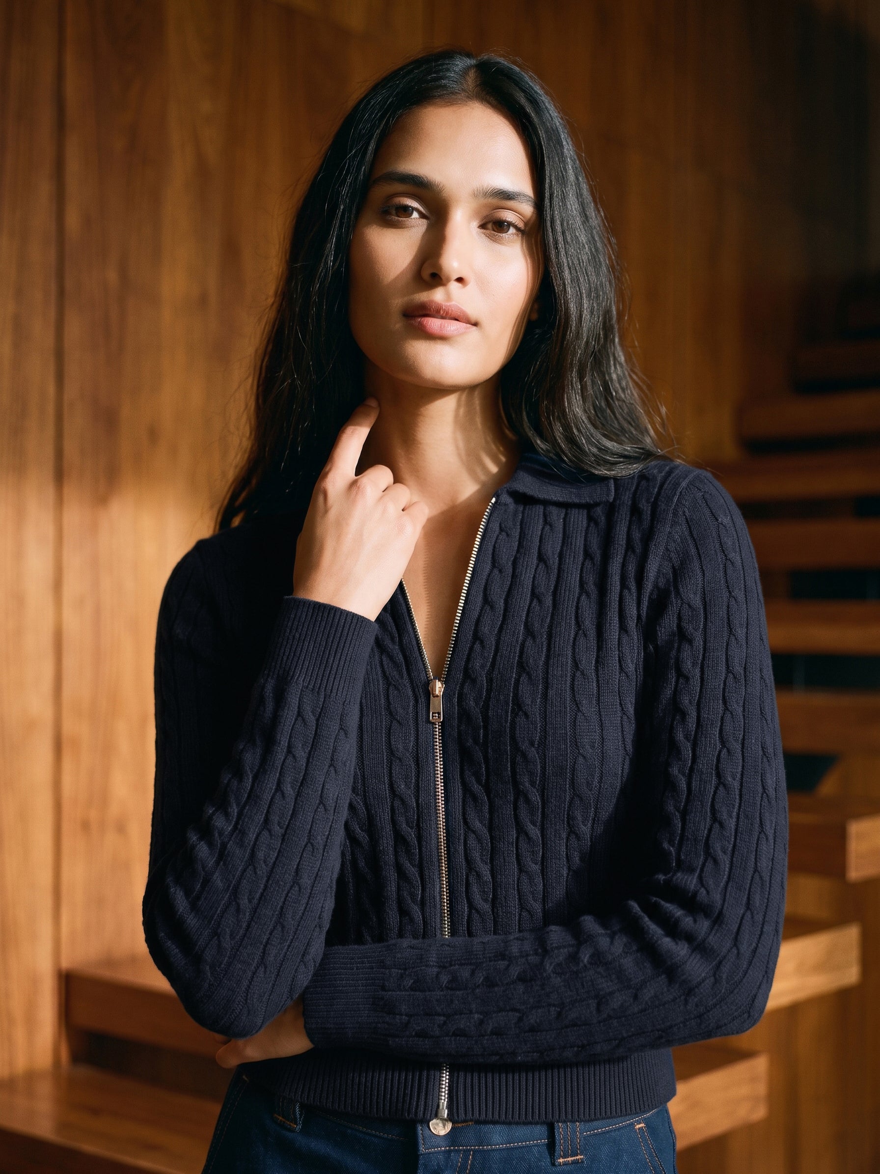 Inkwell Cable Stitch Zip-Front Sweater - Woman Wearing Knit Sweater with Collar - Suzy Shier