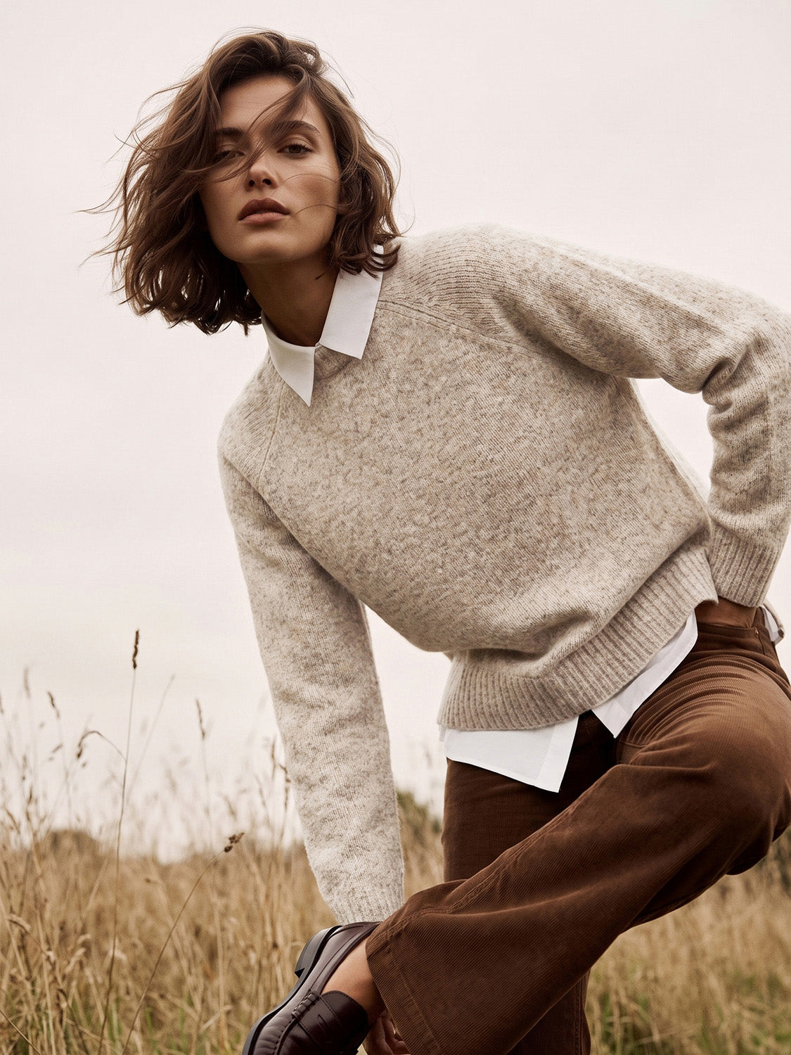 Tan Melange Twofer Sweater with Poplin Collar - Woman Wearing Layered Look Knit Sweater - Suzy Shier