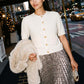 Snow White Short Sleeve Ribbed Button-Front Cardigan - Woman Wearing Knit Sweater - Suzy Shier