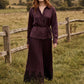 Wine Satin-Like Drop Shoulder Blouse with Waist Tie - Woman Wearing Elegant Long Sleeve Top - Suzy Shier
