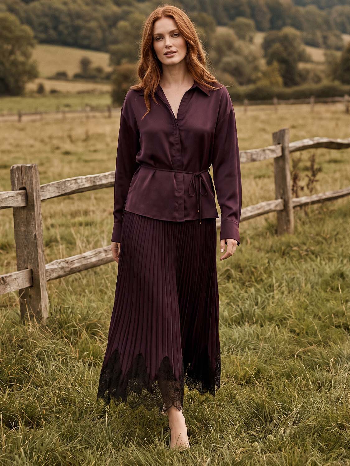 Wine Satin-Like Drop Shoulder Blouse with Waist Tie - Woman Wearing Elegant Long Sleeve Top - Suzy Shier