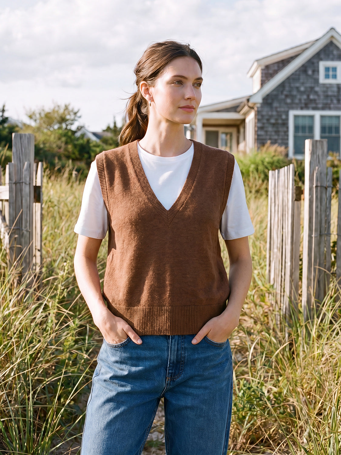 Bison Mel 2fer Knit Top with Hacci V-Neck Vest - Front View - Suzy Shier