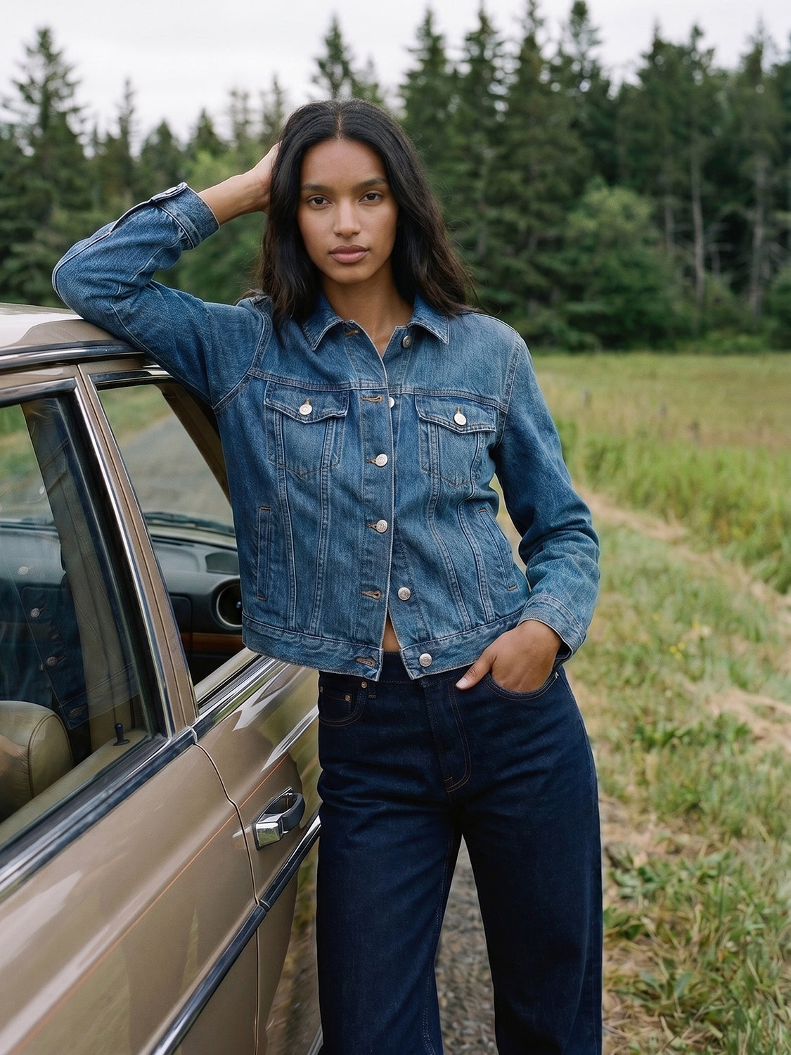 Dark Wash Drop Shoulder Denim Jacket - Woman Wearing Casual Sandblasted Jacket - Suzy Shier