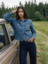 Dark Wash Drop Shoulder Denim Jacket - Woman Wearing Casual Sandblasted Jacket - Suzy Shier