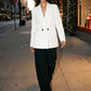 Off White Double-Breasted Blazer with Notch Collar - Woman Wearing Tailored Woven Blazer - Suzy Shier