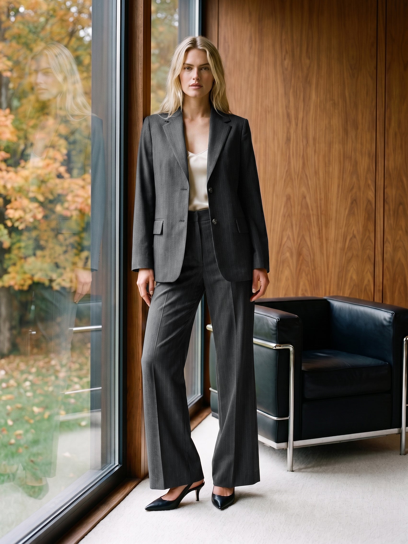 Pantalon à jambe large à fines rayures