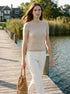 Porridge Melange Stripe Rib Knit Sweater - Woman Wearing Short Sleeve Crew Neck - Suzy Shier