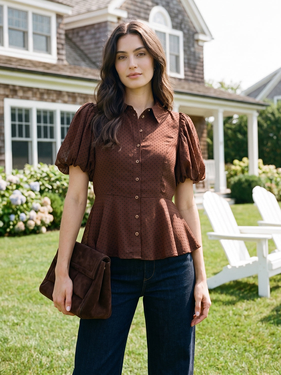 Milk Chocolate Textured Peplum Blouse with Puff Sleeves - Front View - Suzy Shier