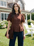 Milk Chocolate Textured Peplum Blouse with Puff Sleeves - Front View - Suzy Shier