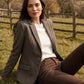 Brown/Beige Yarn-Dye Blazer with Contrast Collar - Woman Wearing Structured Woven Jacket - Suzy Shier