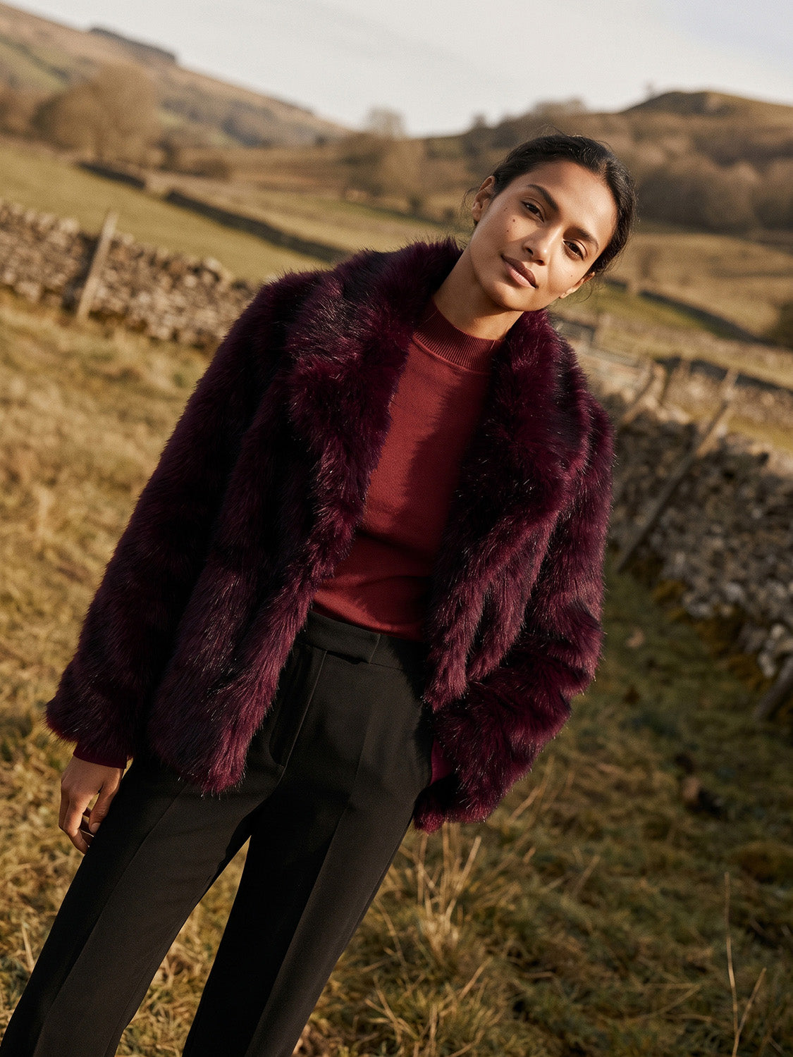 Brown Faux Fur Coat with Leather Detail - Alternate Color Front View - Suzy Shier