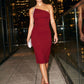 Red One-Shoulder Midi Dress with Rhinestone Trim - Woman Wearing Elegant Evening Dress - Le Chateau