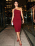 Red One-Shoulder Midi Dress with Rhinestone Trim - Woman Wearing Elegant Evening Dress - Le Chateau
