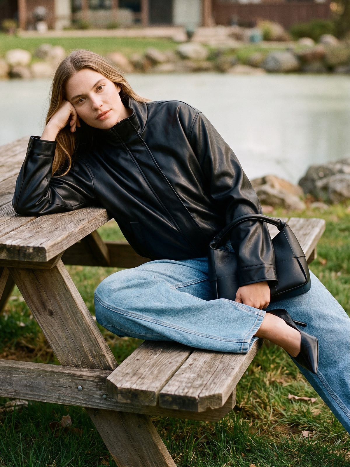 Black Vegan Leather Bomber Jacket with Funnel Neck - Woman Wearing Stylish Outerwear - Suzy Shier