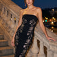 Black Strapless Knit Crepe Midi Dress with Floral Studs - Woman Wearing Elegant Evening Dress - Le Chateau