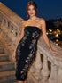 Black Strapless Knit Crepe Midi Dress with Floral Studs - Woman Wearing Elegant Evening Dress - Le Chateau