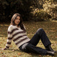 Brown/Burgundy/Dove Stripe Knit Polo Sweater - Woman Wearing Striped Knit Top - Suzy Shier