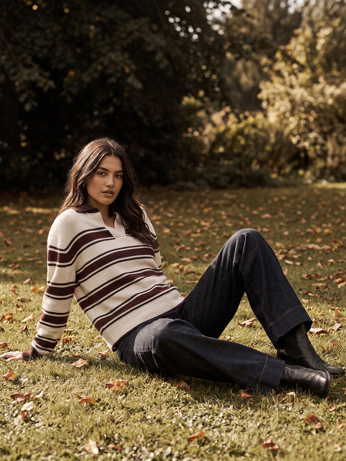Brown/Burgundy/Dove Stripe Knit Polo Sweater - Woman Wearing Striped Knit Top - Suzy Shier