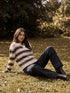 Brown/Burgundy/Dove Stripe Knit Polo Sweater - Woman Wearing Striped Knit Top - Suzy Shier